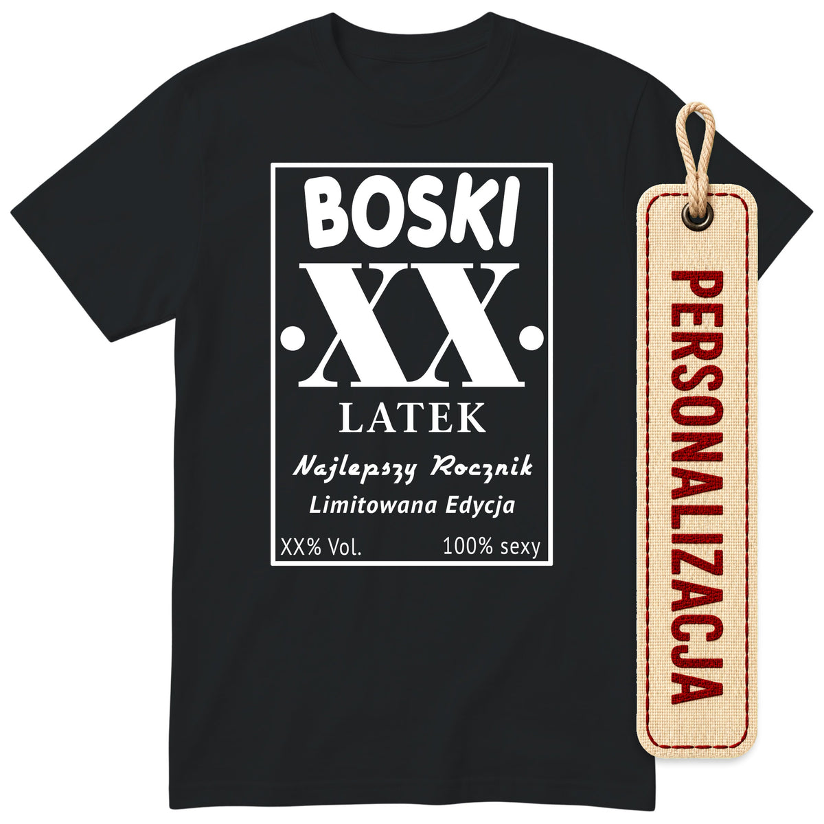 Czarna koszulka „BOSKI LATEK” - podgląd personalizacji, wiek wpisujesz przy zamówieniu