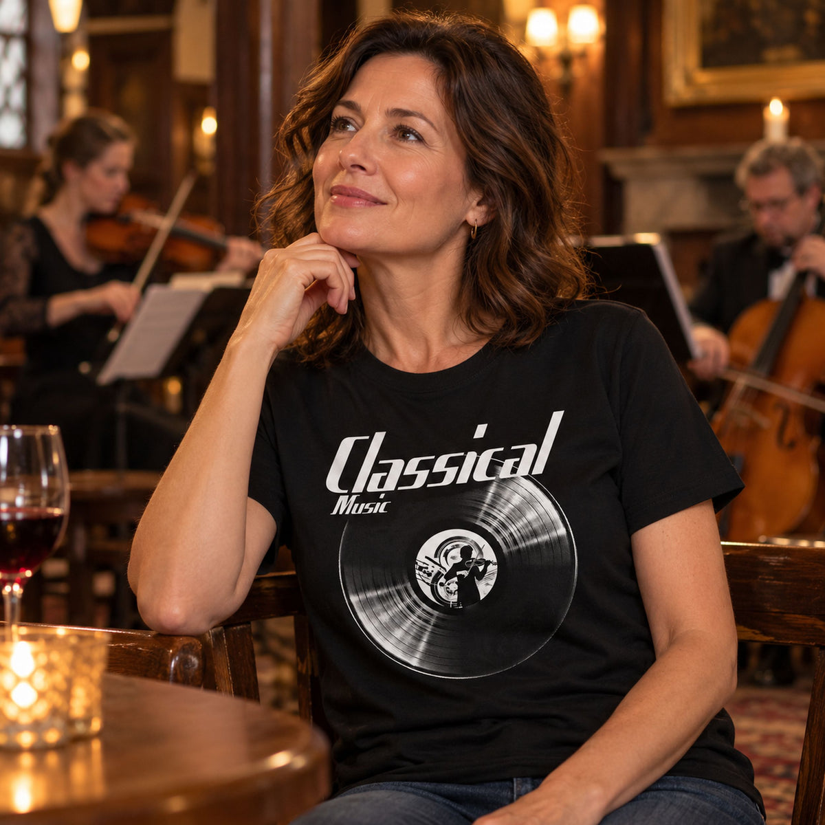 Classical Music Vinyl Records t-shirt in black - woman in a concert hall café with a string quartet playing behind her, gift for classical music lovers