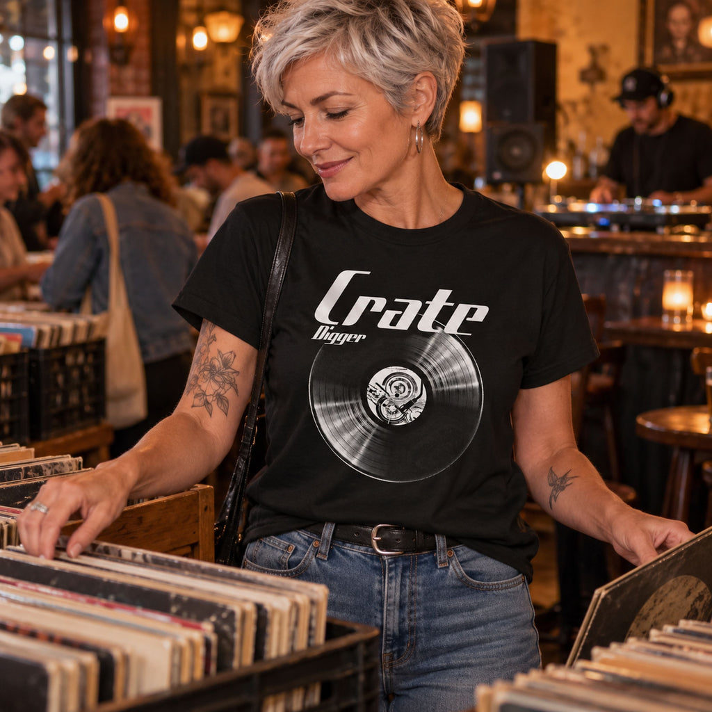Crate Digger Vinyl Records t-shirt in black - grey-haired woman digging through record crates in a busy shop, gift for vinyl collectors
