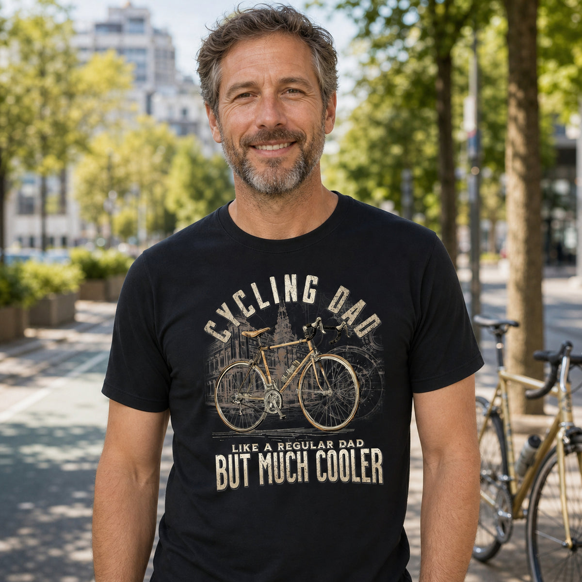 Cycling Dad Road Bike t-shirt in black - smiling man on a city cycle path with a road bike, gift for a cycling dad