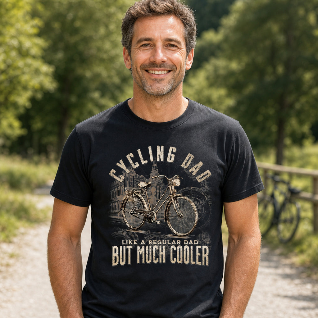 Cycling Dad Vintage Bike t-shirt in black - smiling man on a country lane with bicycles, gift for a cycling dad