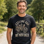 Cycling Dad Vintage Bike t-shirt in black - smiling man on a country lane with bicycles, gift for a cycling dad