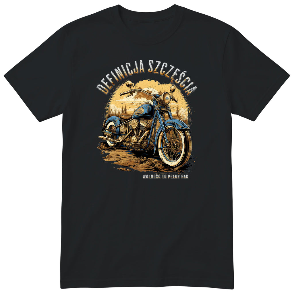 Czarna koszulka motocyklowa „Definicja Szczęścia” - niebieski motocykl vintage na polnej drodze w złotym zachodzie słońca, polski nadruk