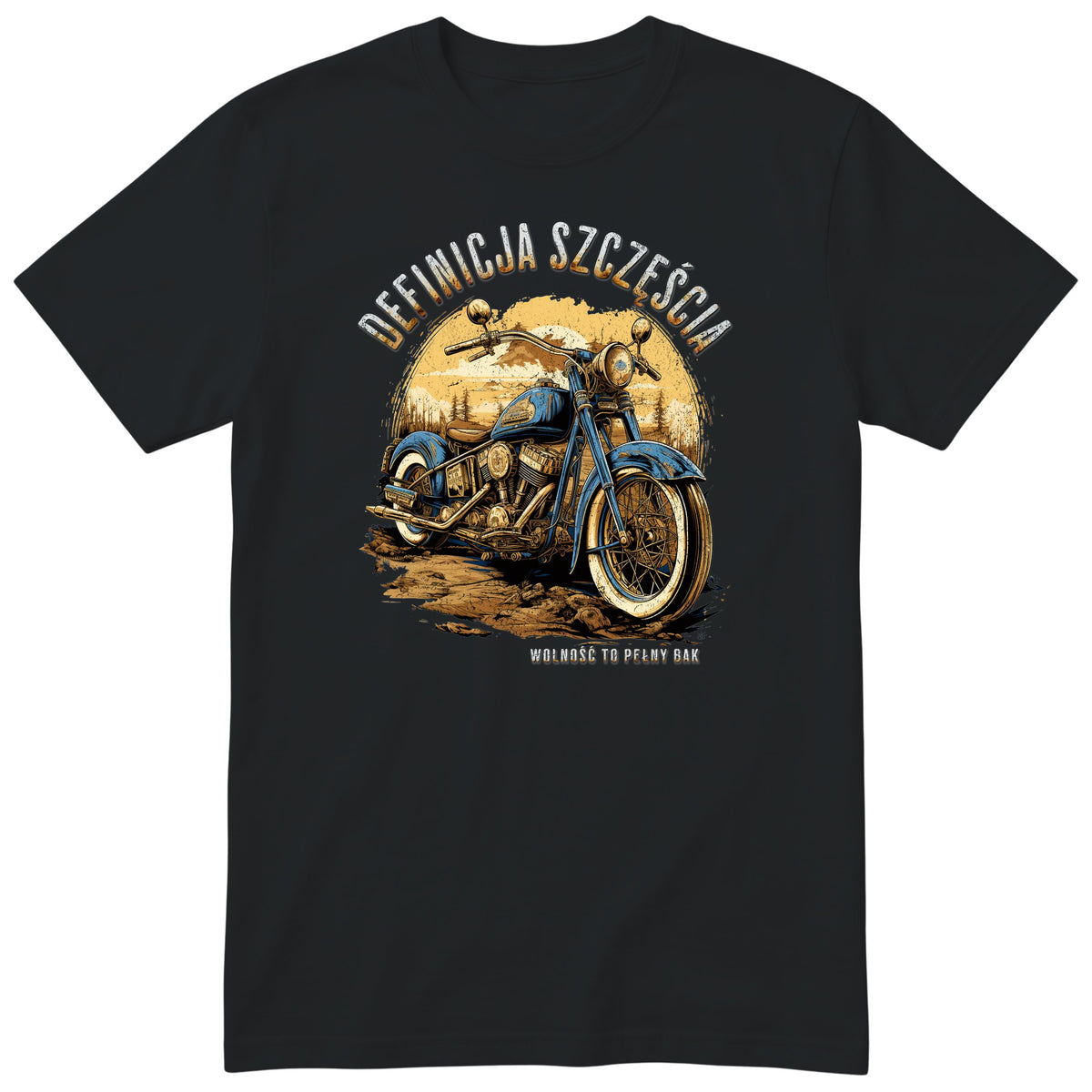 Czarna koszulka motocyklowa „Definicja Szczęścia” - niebieski motocykl vintage na polnej drodze w złotym zachodzie słońca, polski nadruk