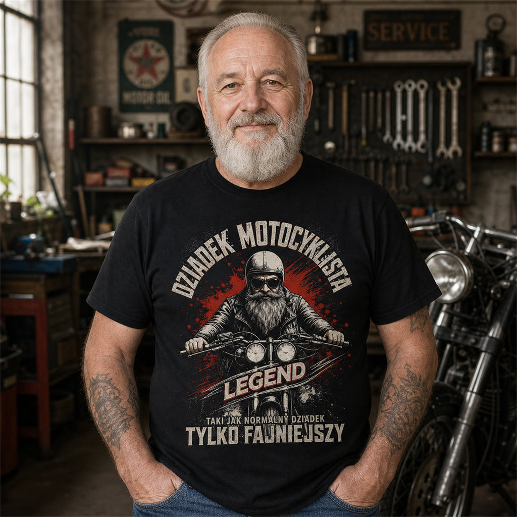 Koszulka Dziadek Motocyklista w kolorze czarnym - brodaty dziadek w warsztacie przy motocyklu, prezent na Dzień Dziadka
