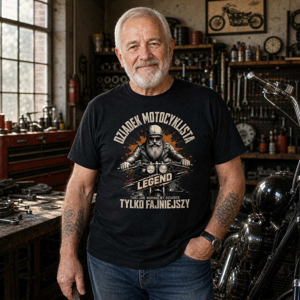Koszulka Dziadek Motocyklista w kolorze czarnym - dziadek w warsztacie motocyklowym, prezent na urodziny dziadka