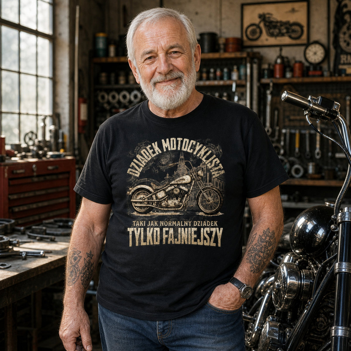 Koszulka Dziadek Motocyklista Chopper w kolorze czarnym - dziadek w warsztacie przy chopperze, prezent dla dziadka