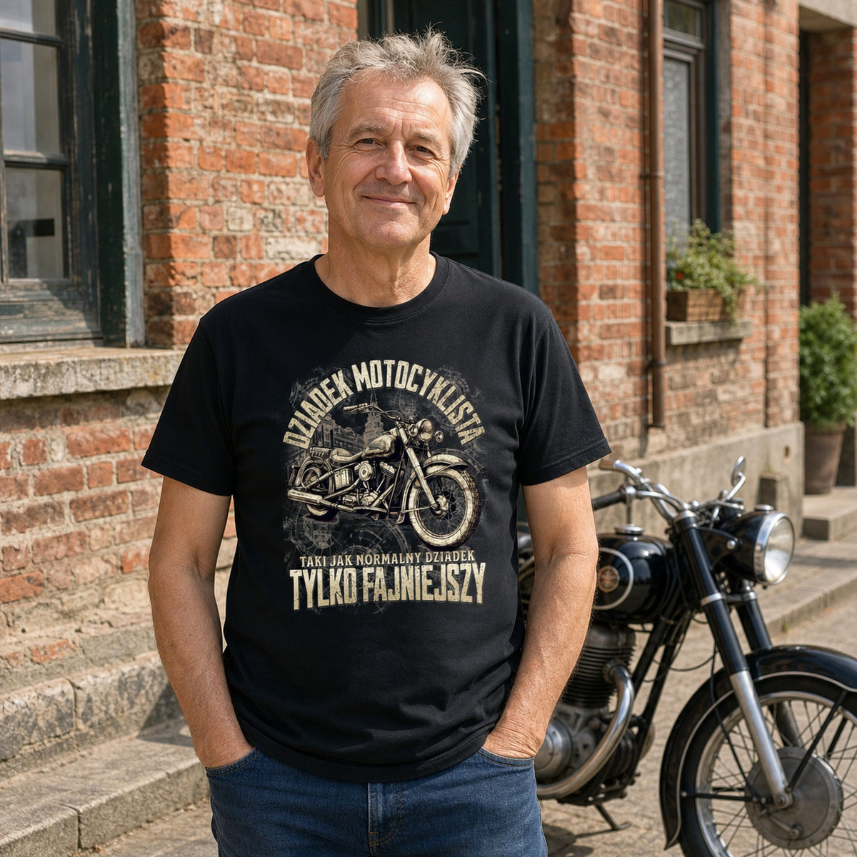 Koszulka Dziadek Motocyklista Vintage w kolorze czarnym - dziadek przy starym motocyklu pod ceglanym domem, prezent dla dziadka