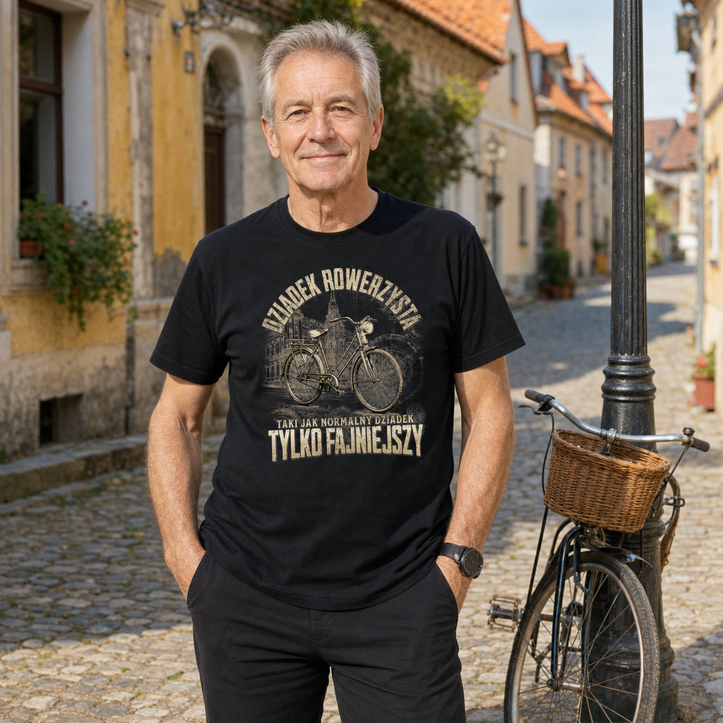 Koszulka Dziadek Rowerzysta Vintage w kolorze czarnym - dziadek przy rowerze z koszykiem na brukowanej uliczce, prezent dla dziadka