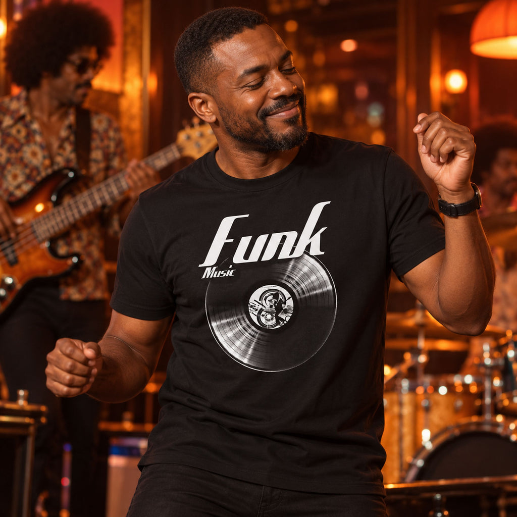 Funk Music Vinyl Records t-shirt in black - man dancing in a retro club with a bass player behind him, gift for funk fans
