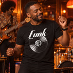 Funk Music Vinyl Records t-shirt in black - man dancing in a retro club with a bass player behind him, gift for funk fans