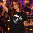 House Music Vinyl Records t-shirt in black - woman dancing in a club under purple lights, gift for DJs and house music fans