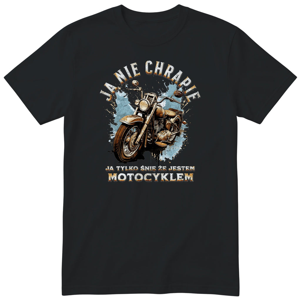 Czarna koszulka motocyklowa „Ja Nie Chrapię” - rdzawy motocykl vintage na błękitnej plamie z zaciekami, złote litery, polski nadruk