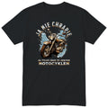 Czarna koszulka motocyklowa „Ja Nie Chrapię” - rdzawy motocykl vintage na błękitnej plamie z zaciekami, złote litery, polski nadruk