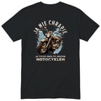 Czarna koszulka motocyklowa „Ja Nie Chrapię” - rdzawy motocykl vintage na błękitnej plamie z zaciekami, złote litery, polski nadruk