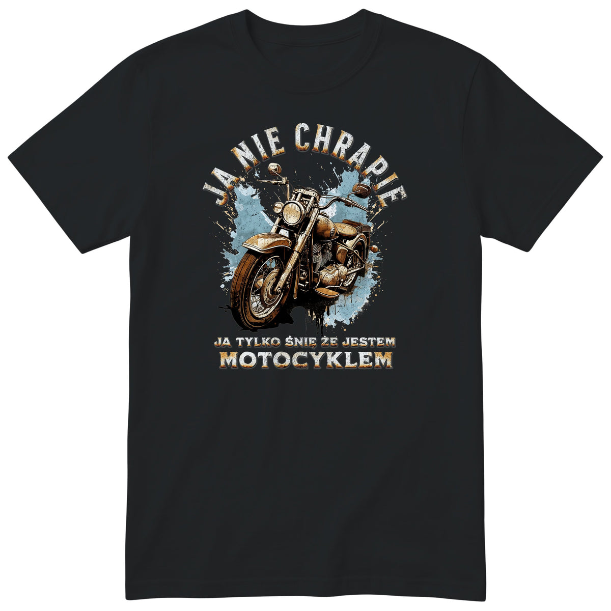 Czarna koszulka motocyklowa „Ja Nie Chrapię” - rdzawy motocykl vintage na błękitnej plamie z zaciekami, złote litery, polski nadruk