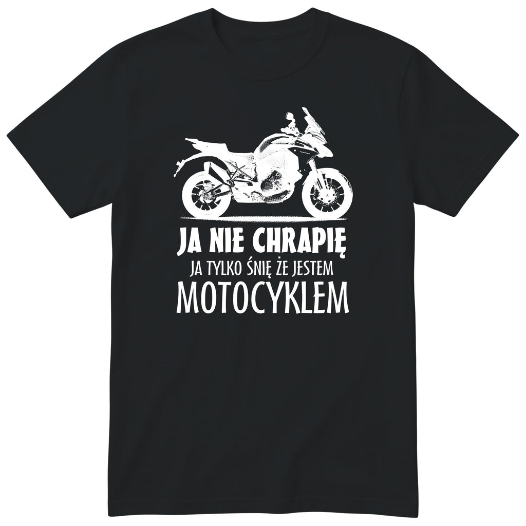 Czarna koszulka motocyklowa „Ja Nie Chrapię” - prezent dla motocyklisty, polski nadruk