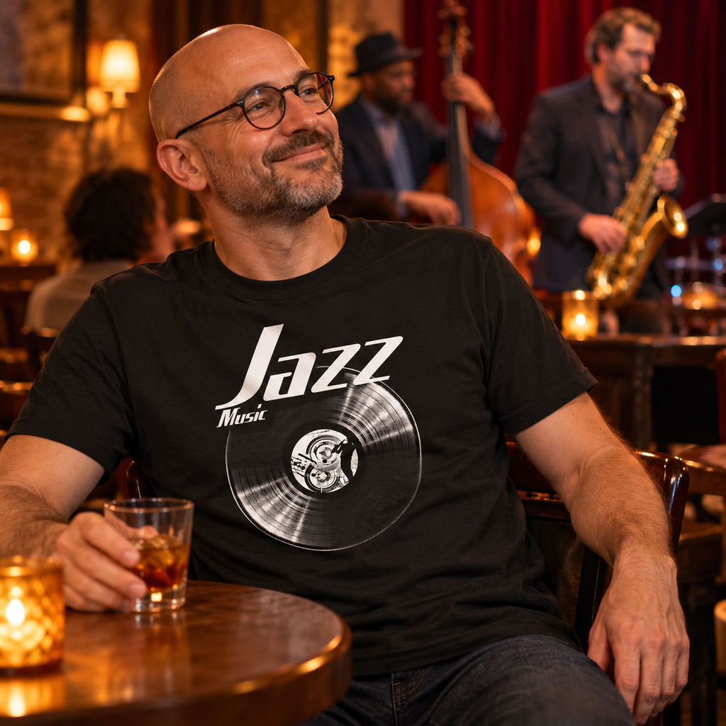 Jazz Music Vinyl Records t-shirt in black - man with a glass of whisky in a jazz club, a saxophonist playing behind him, gift for jazz lovers