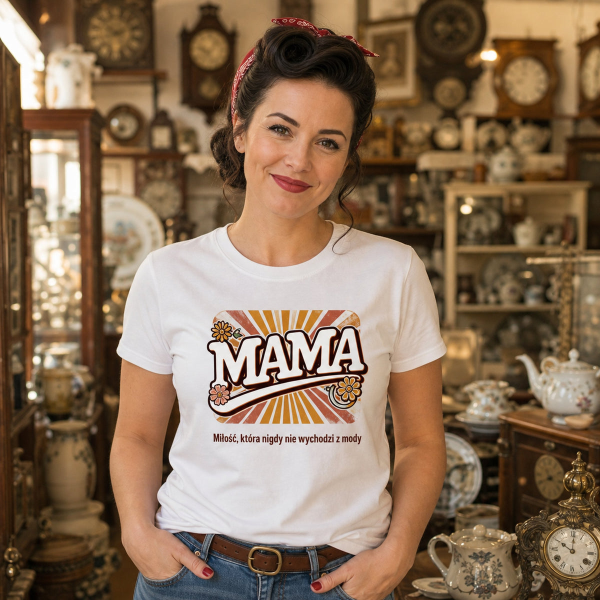 Koszulka Mama Retro Miłość w kolorze białym - mama w sklepie z antykami, prezent dla mamy