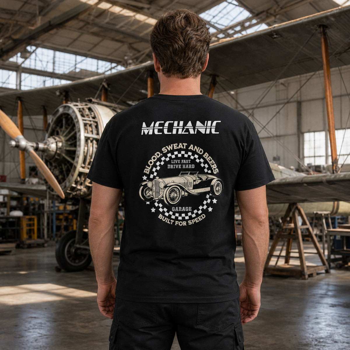 Koszulka Mechanik - Nadruk na Plecach, Live Fast Drive Hard
