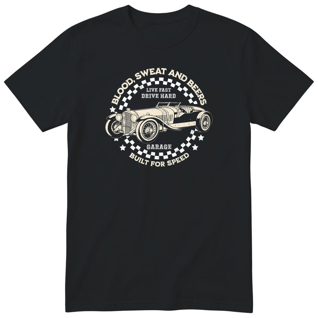 Live Fast Drive Hard garage tee black front