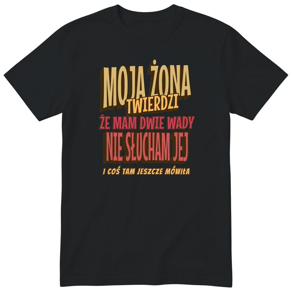 Czarny koszulka „MOJA ŻONA TWIERDZI ŻE MAM DWIE WADY” - retro złoty nadruk vintage, prezent dla męża