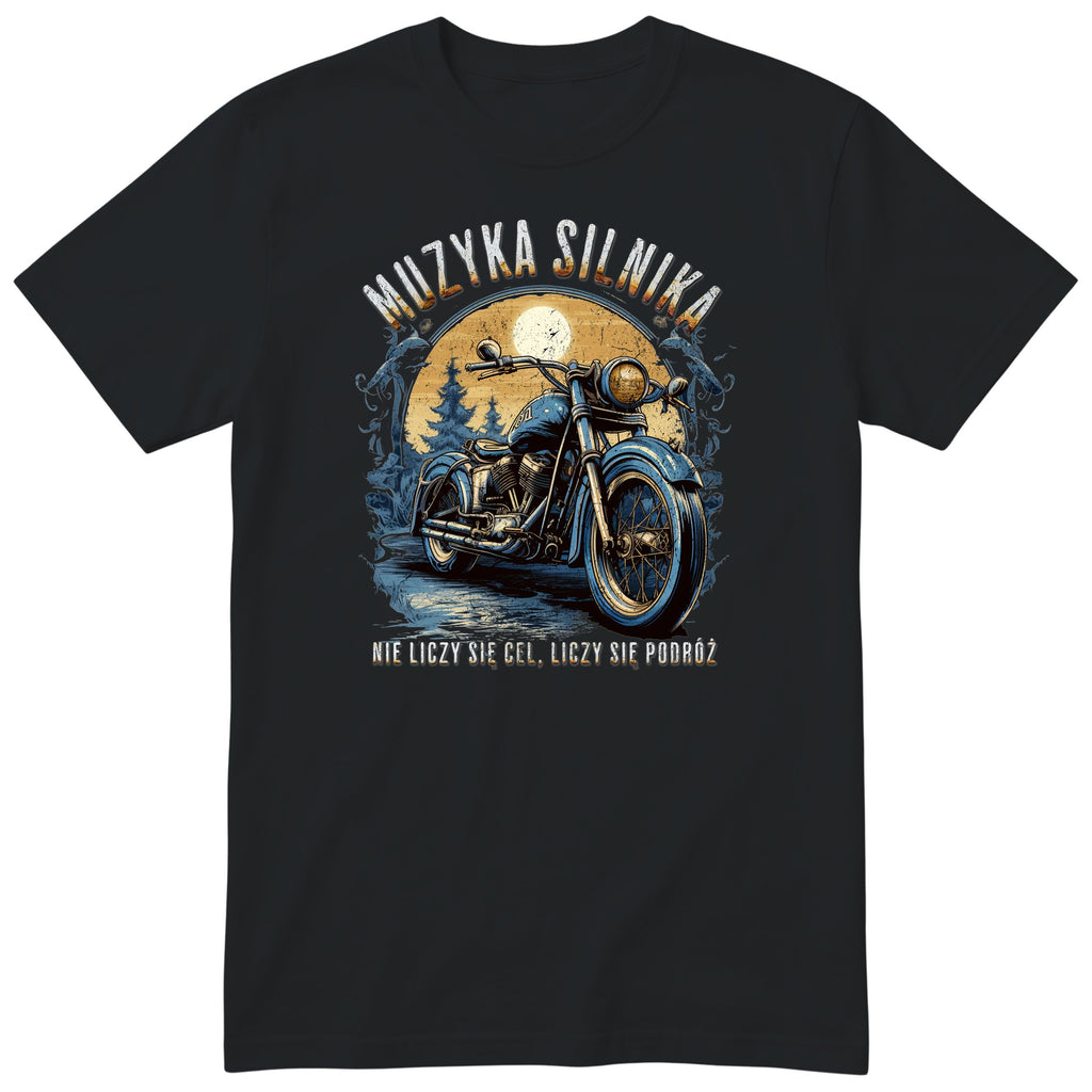Czarna koszulka motocyklowa „Muzyka Silnika” - niebieski motocykl vintage na leśnej drodze pod pełnią księżyca, polski nadruk