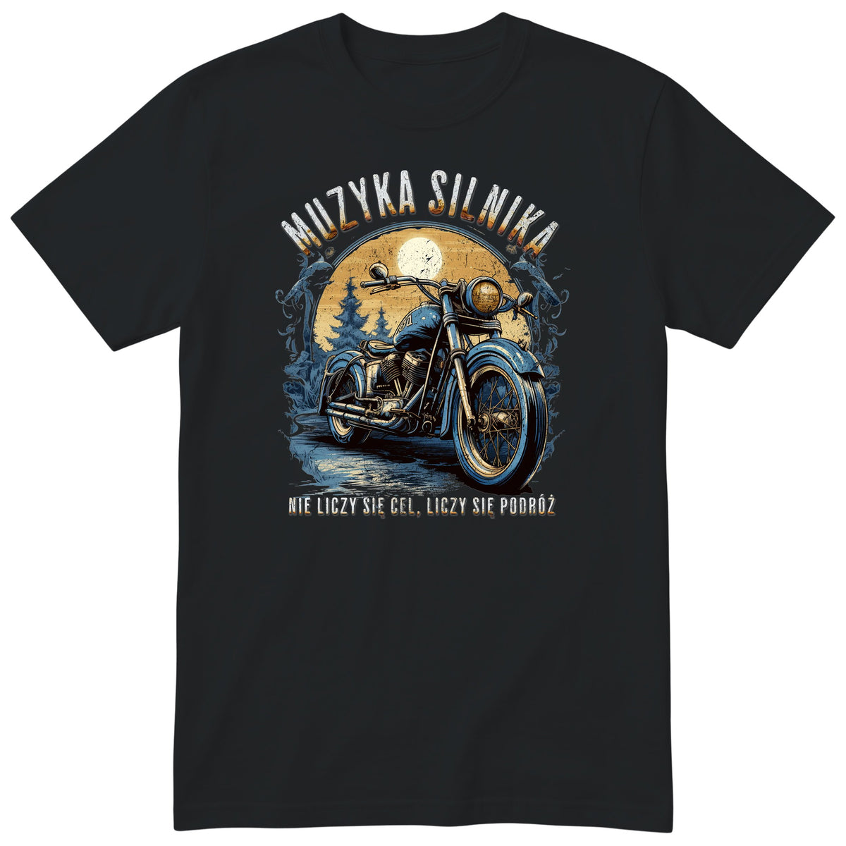 Czarna koszulka motocyklowa „Muzyka Silnika” - niebieski motocykl vintage na leśnej drodze pod pełnią księżyca, polski nadruk