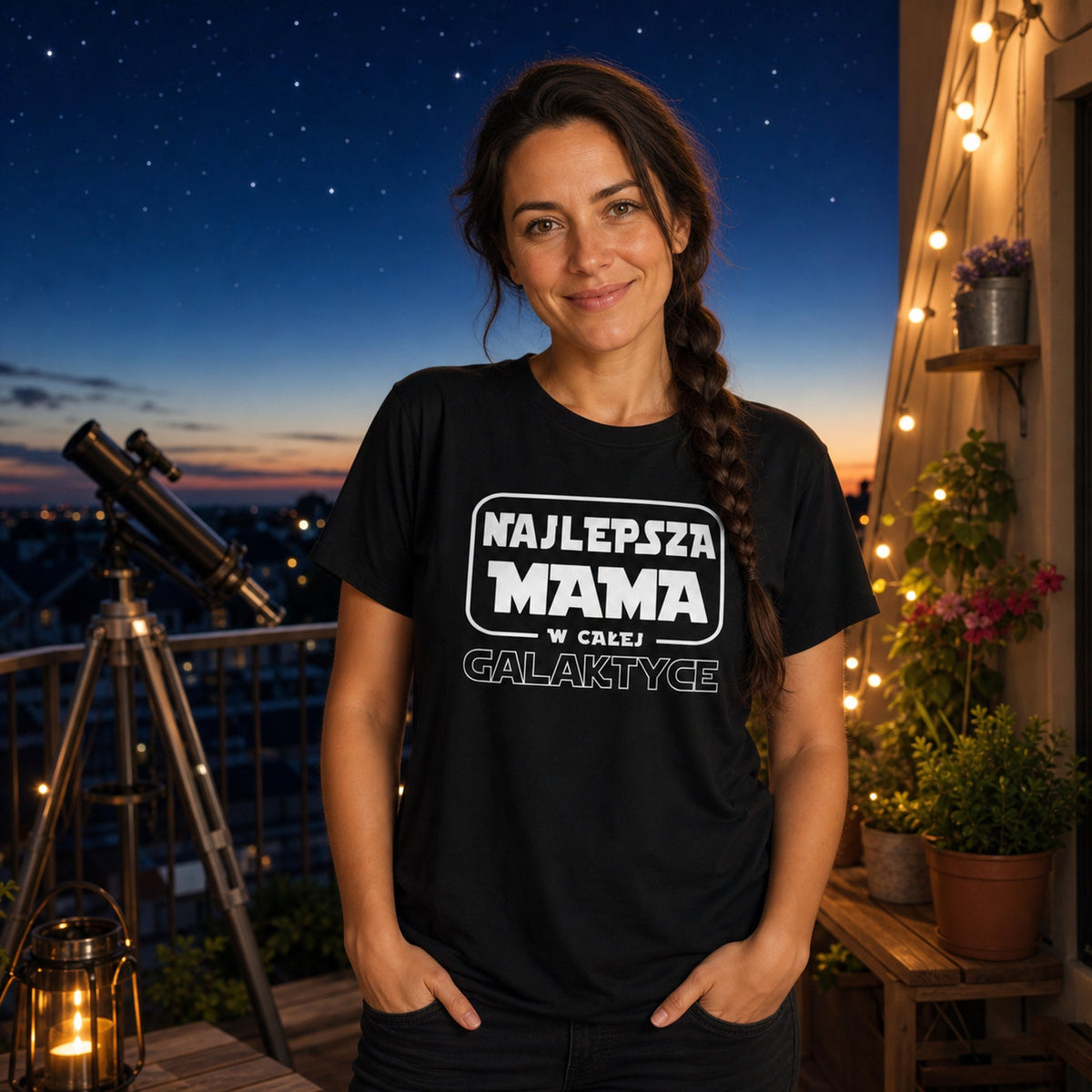 Koszulka Najlepsza Mama w Galaktyce w kolorze czarnym - mama przy teleskopie pod gwiazdami, prezent dla mamy
