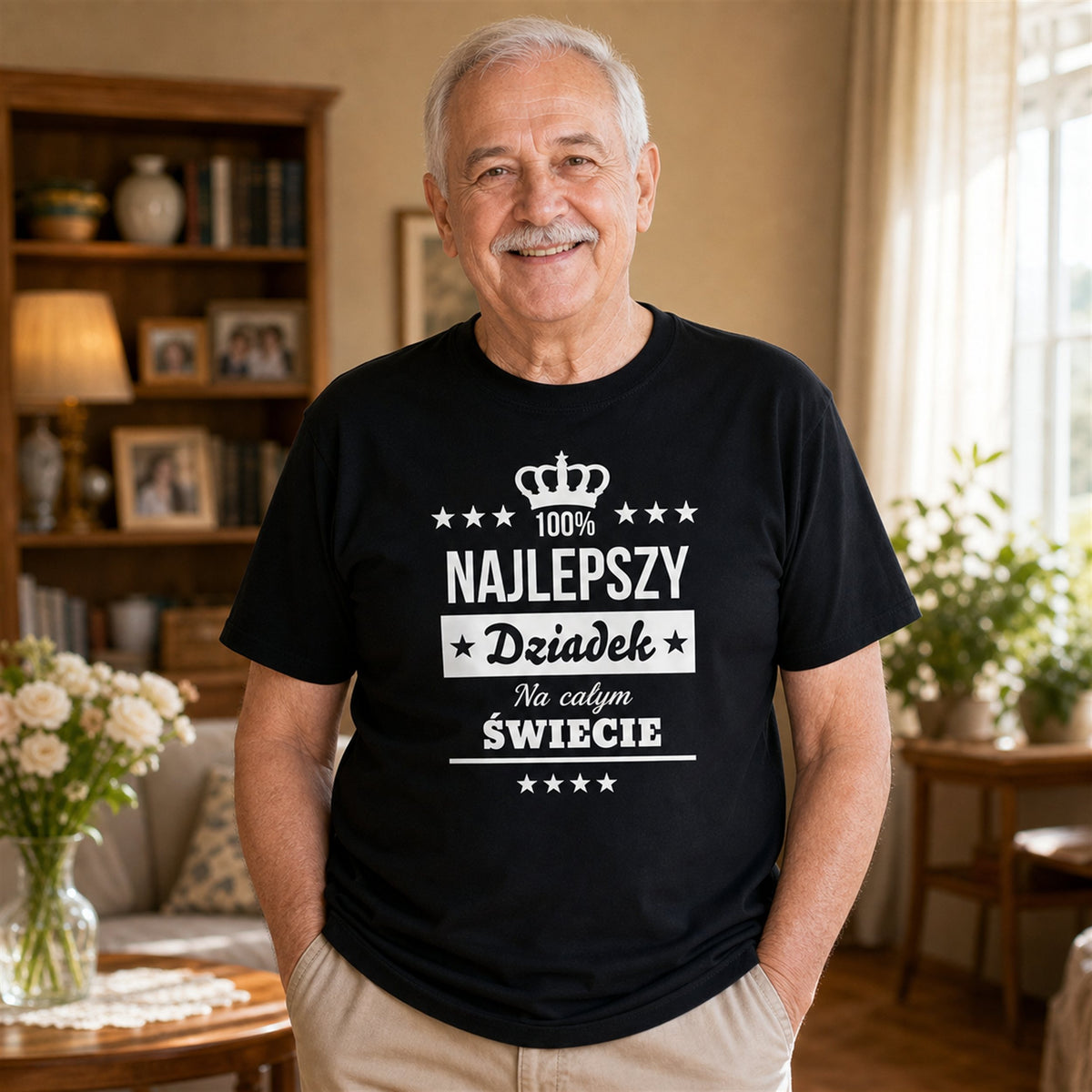 Koszulka Najlepszy Dziadek na Świecie w kolorze czarnym - uśmiechnięty dziadek w salonie, prezent dla dziadka