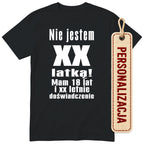 Czarna koszulka „Nie jestem latką” - podgląd personalizacji, wiek wpisujesz przy zamówieniu