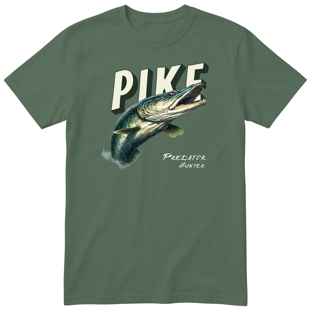 Pike Predator Hunter T-Shirt | Fishing Gift for Him Angler Tee - Olive