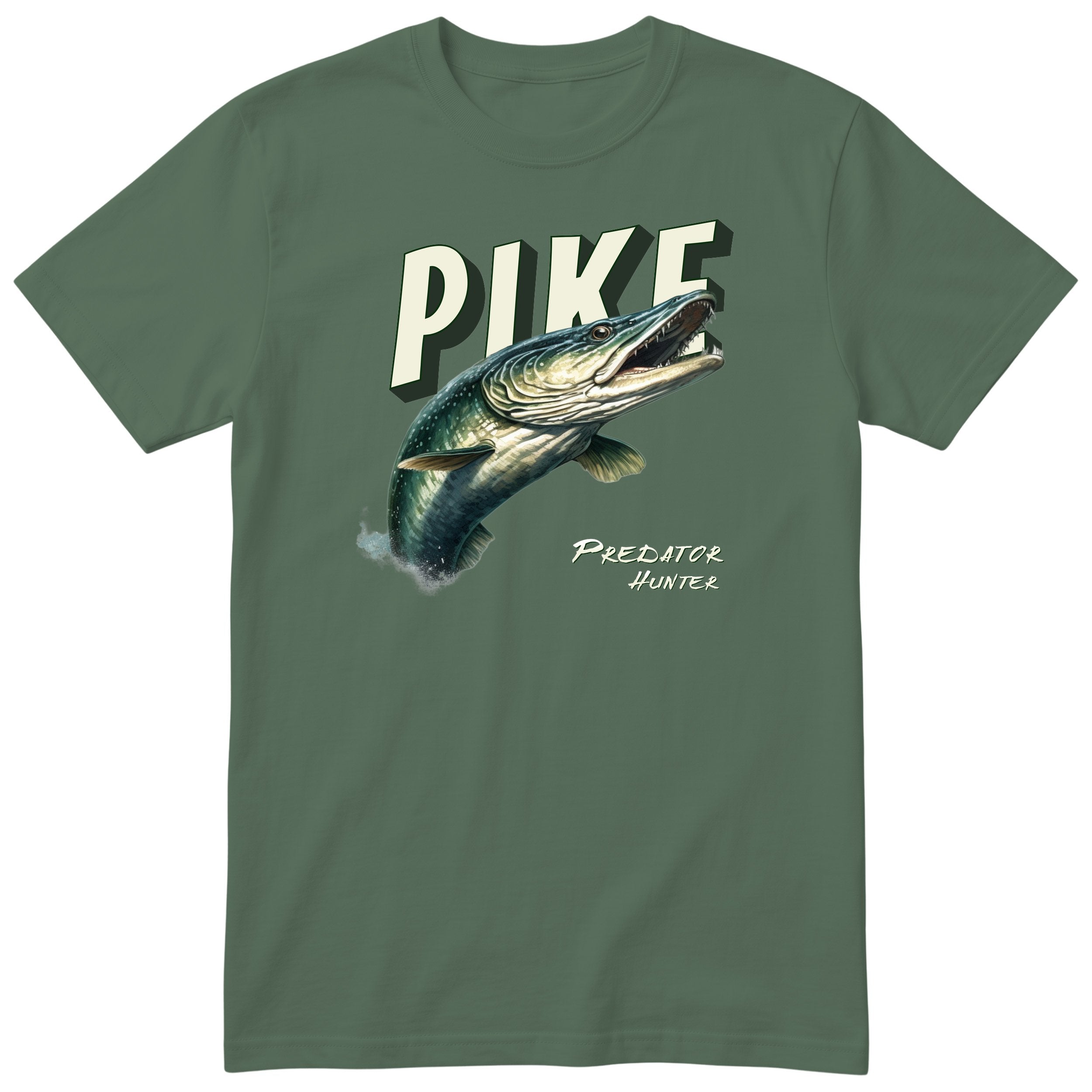Pike Predator Hunter T-Shirt | Fishing Gift for Him Angler Tee - Olive