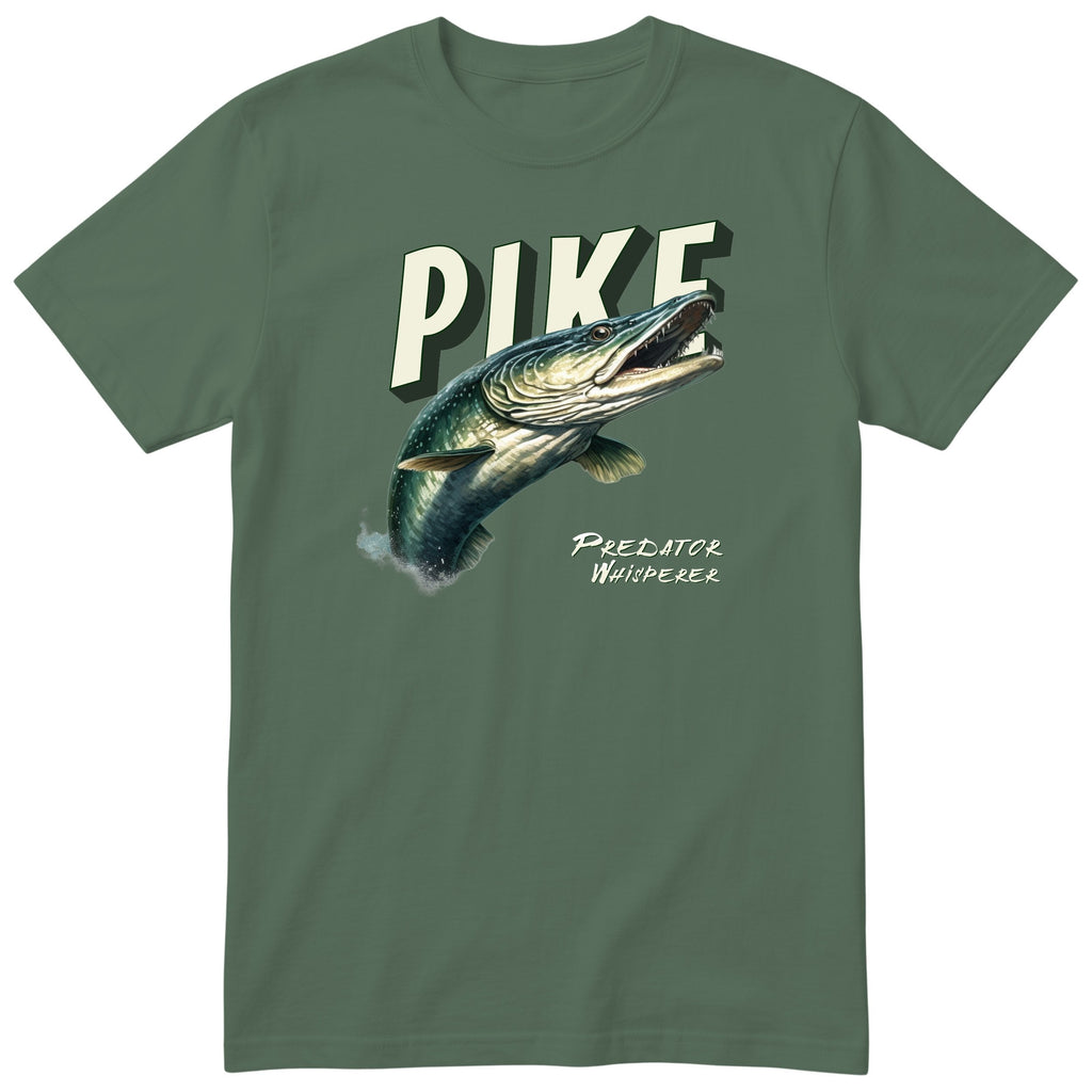 Pike Fishing T-Shirt - Predator Whisperer Angler Gift Tee - Olive