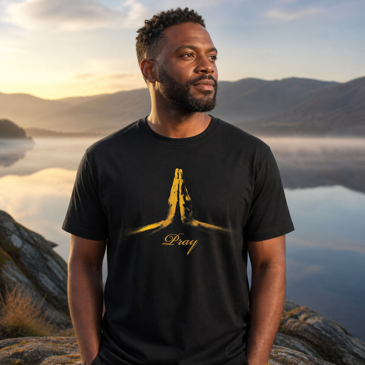 Pray Gold T-Shirt - Christian Faith Tee with Golden Praying Hands