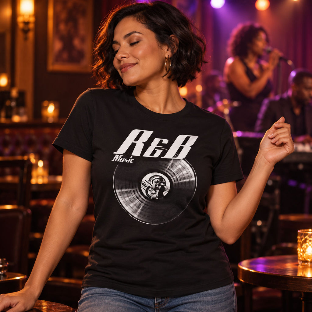 R&B Music Vinyl Records t-shirt in black - woman dancing in a lounge bar while a singer performs on stage, gift for R&B fans