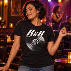 R&B Music Vinyl Records t-shirt in black - woman dancing in a lounge bar while a singer performs on stage, gift for R&B fans
