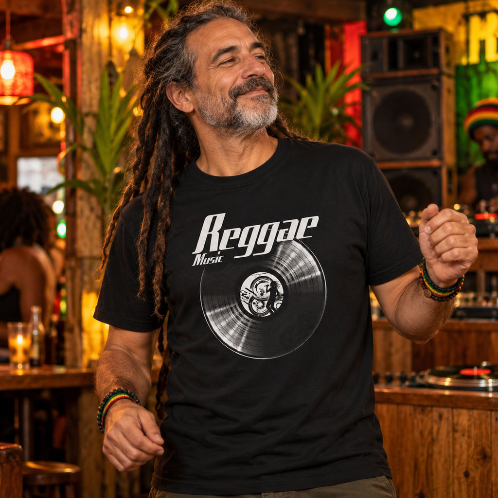 Reggae Music Vinyl Records t-shirt in black - man with dreadlocks dancing by a stack of sound system speakers, gift for reggae fans