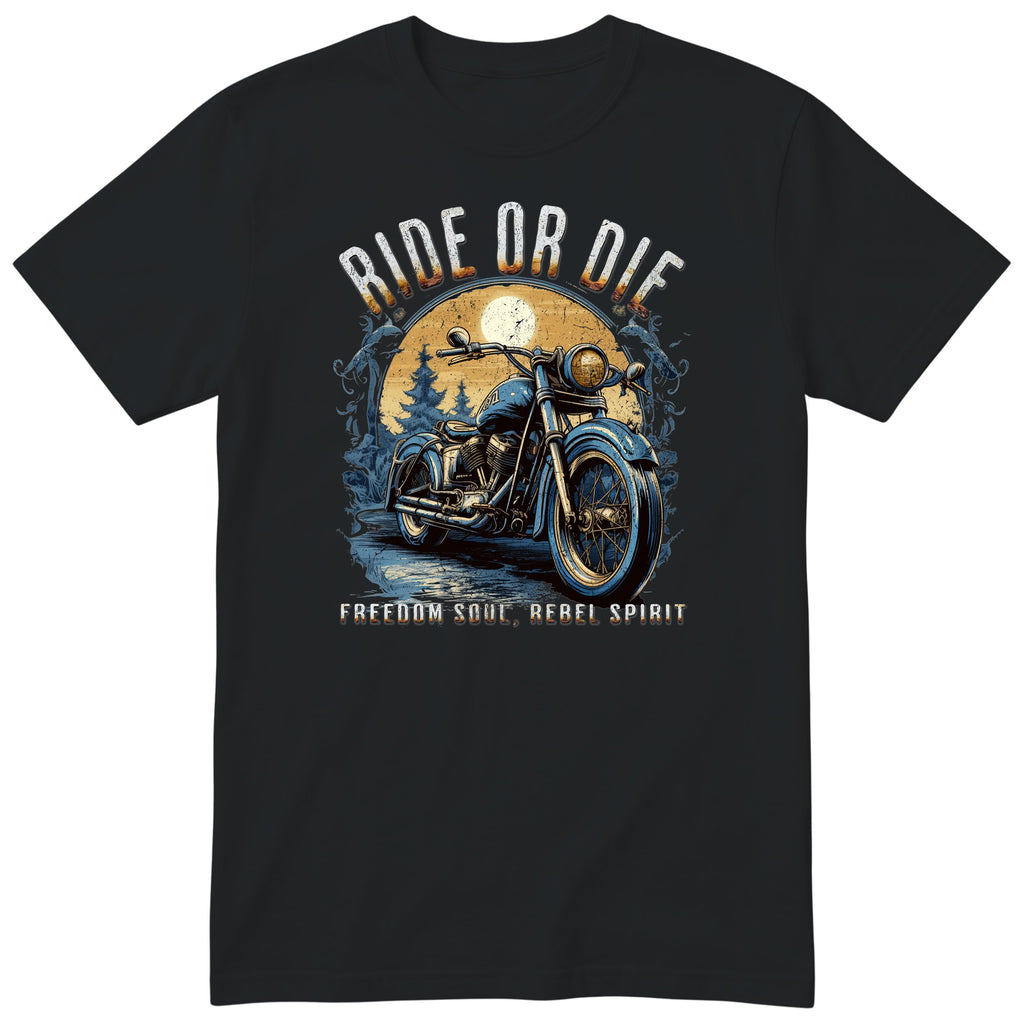 Black Ride or Die motorcycle t-shirt - blue vintage motorcycle on a wet forest road under a full moon, gift for a biker