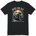 Black Ride or Die motorcycle t-shirt - blue vintage motorcycle on a wet forest road under a full moon, gift for a biker