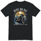Black Ride or Die motorcycle t-shirt - blue vintage motorcycle on a wet forest road under a full moon, gift for a biker
