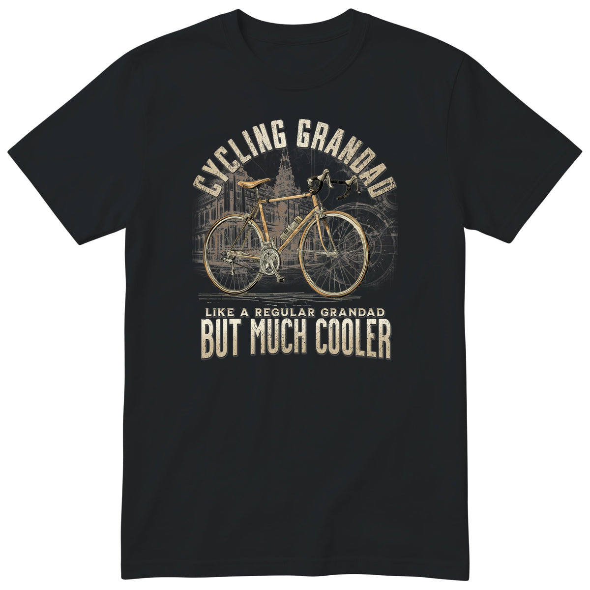 Black Cycling Grandad T-Shirt t-shirt - vintage road bike with drop handlebars, warm sepia tones, gift for grandad