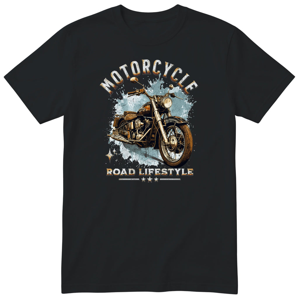 Black Motorcycle Road Lifestyle Freedom motorcycle t-shirt - side view of a vintage motorcycle on an ice-blue splash with sparkles, gift for a biker