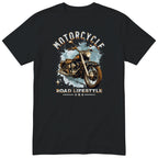 Black Motorcycle Road Lifestyle Freedom motorcycle t-shirt - side view of a vintage motorcycle on an ice-blue splash with sparkles, gift for a biker