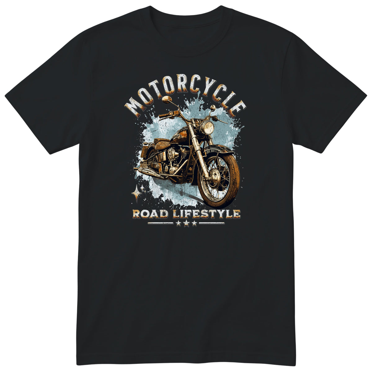 Black Motorcycle Road Lifestyle Freedom motorcycle t-shirt - side view of a vintage motorcycle on an ice-blue splash with sparkles, gift for a biker