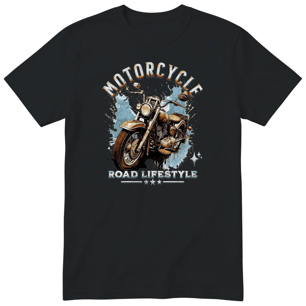 Black Motorcycle Road Lifestyle Iron Horse motorcycle t-shirt - front view of a rusty brown motorcycle on a light blue paint splash, gift for a biker