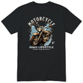 Black Motorcycle Road Lifestyle Iron Horse motorcycle t-shirt - front view of a rusty brown motorcycle on a light blue paint splash, gift for a biker