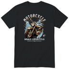 Black Motorcycle Road Lifestyle Iron Horse motorcycle t-shirt - front view of a rusty brown motorcycle on a light blue paint splash, gift for a biker