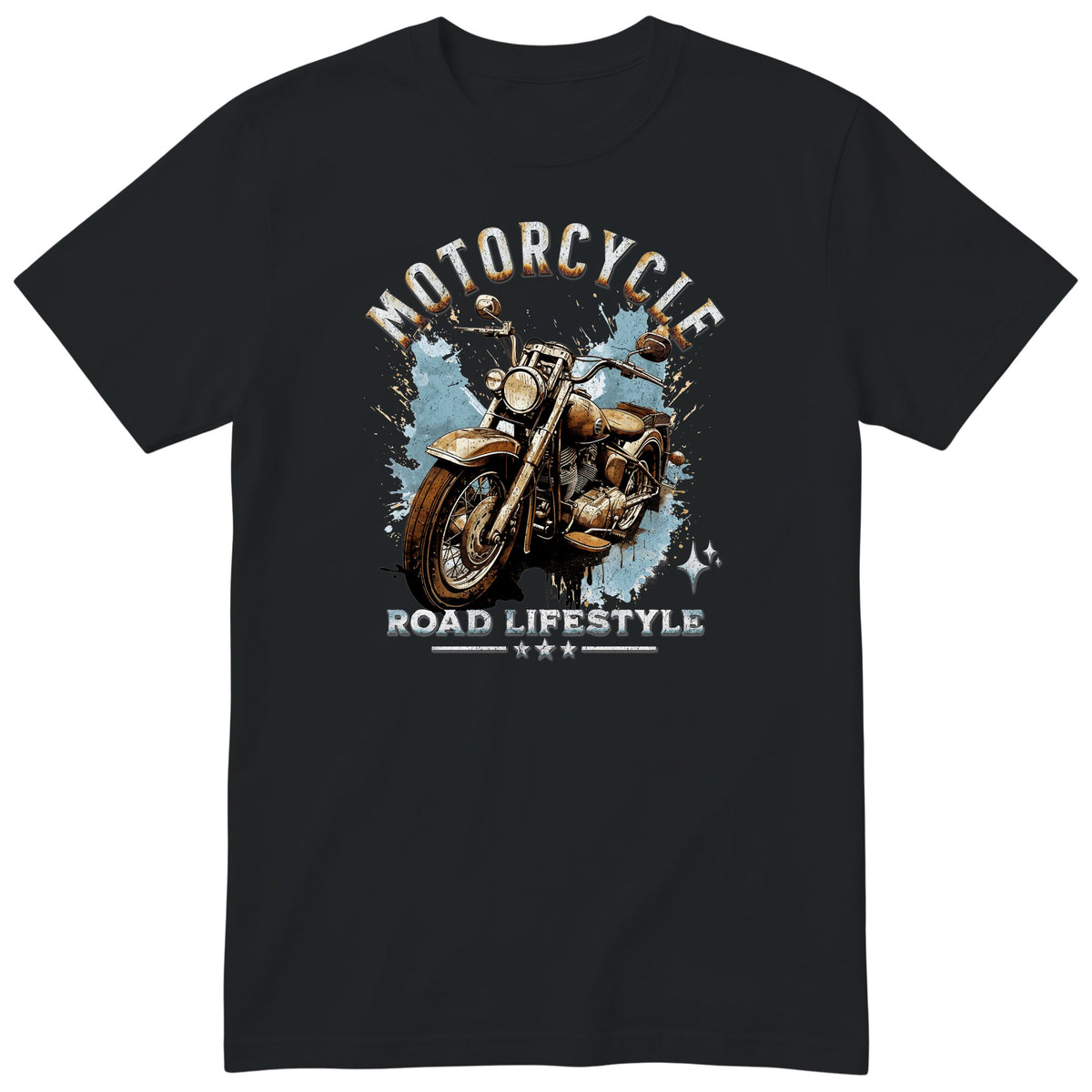 Black Motorcycle Road Lifestyle Iron Horse motorcycle t-shirt - front view of a rusty brown motorcycle on a light blue paint splash, gift for a biker