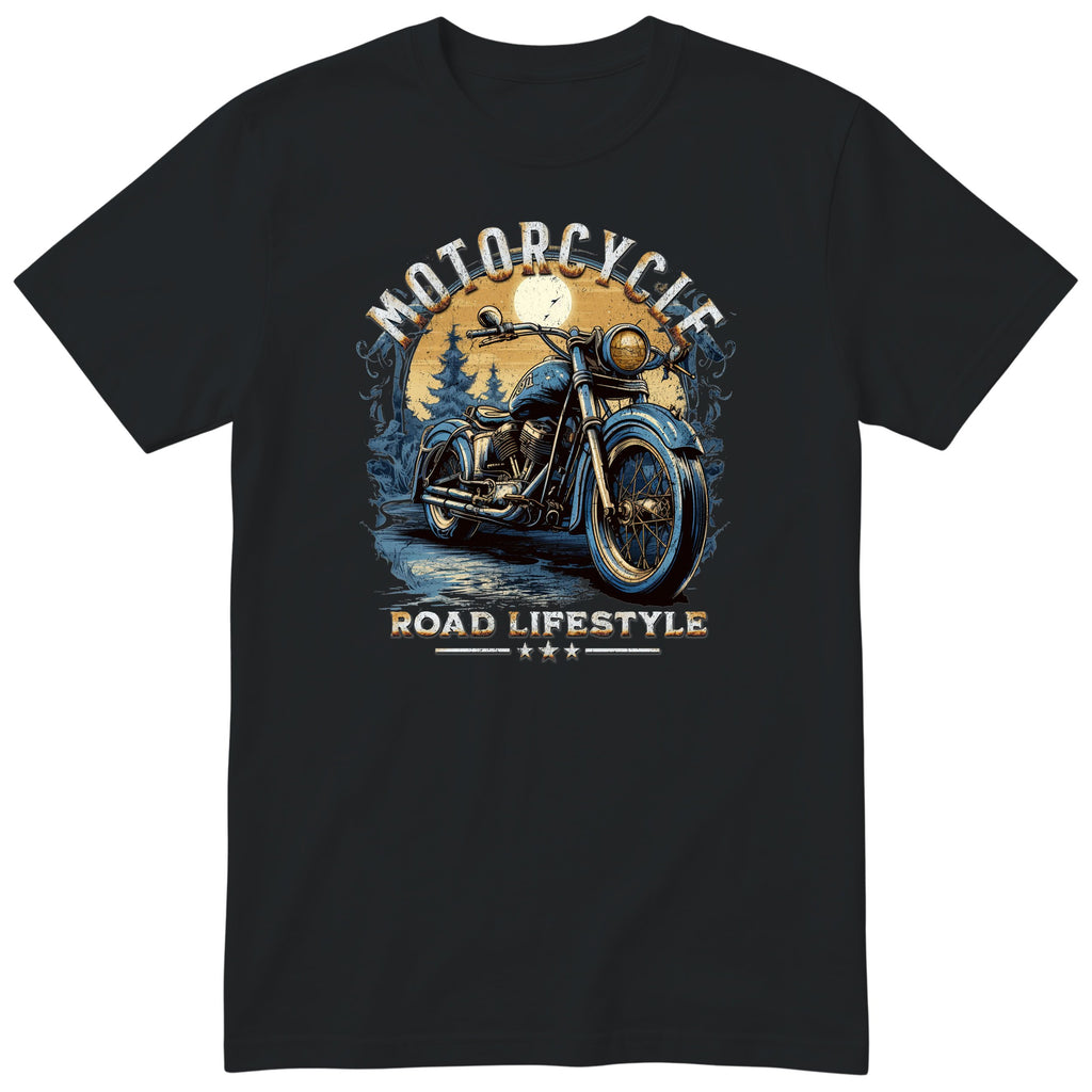 Black Motorcycle Road Lifestyle Moonlight motorcycle t-shirt - blue vintage motorcycle under the moon in a dark pine forest, gift for a biker